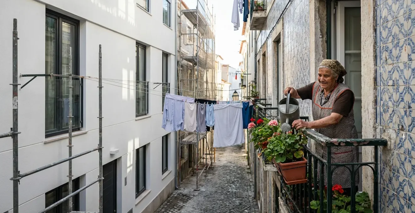 Ruelle étroite de l'Alfama avec façades colorées et linge qui sèche aux fenêtres
