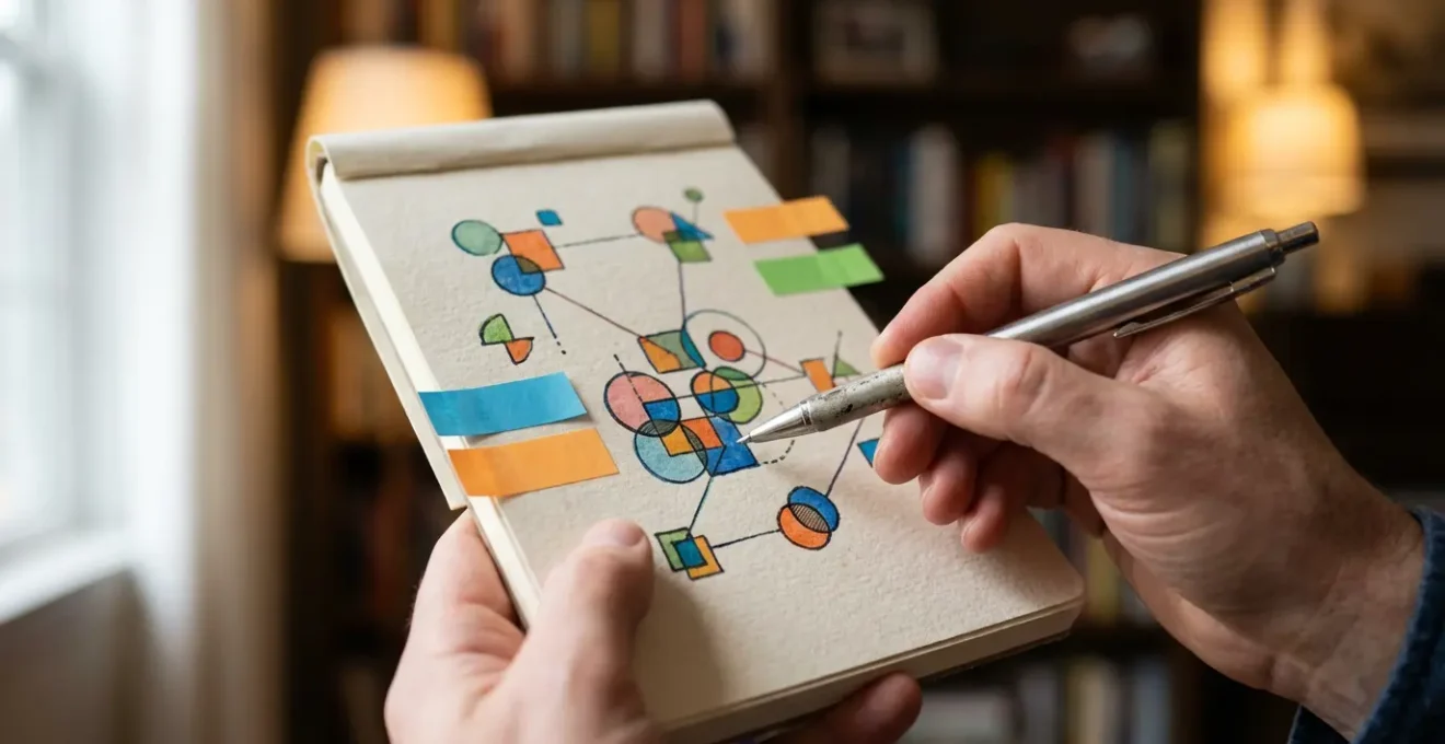 Personne analysant des avis d'hôtel avec carnet de notes et marqueurs de couleur