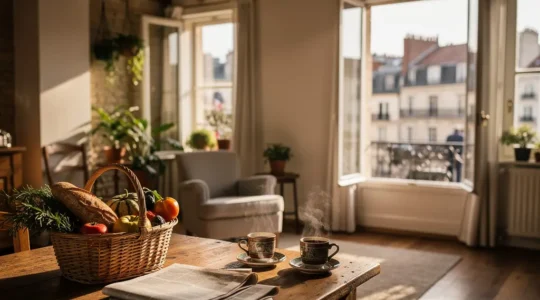 Intérieur chaleureux d'un appartement avec vue sur les toits d'une ville européenne, évoquant l'expérience de vivre comme un local