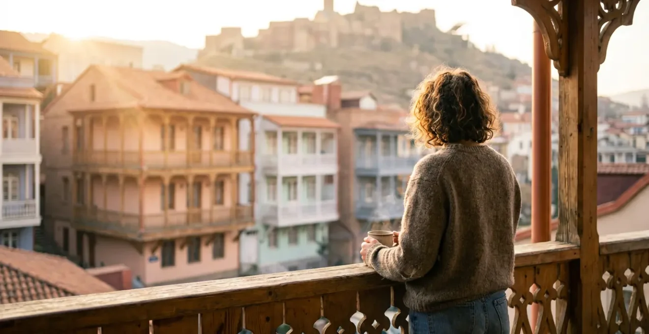 Vue depuis un balcon traditionnel géorgien sur les toits de Tbilissi
