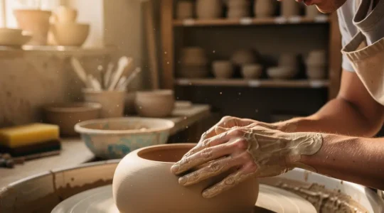 Mains d'artisan céramiste façonnant un bol sur un tour de poterie dans un atelier baigné de lumière naturelle