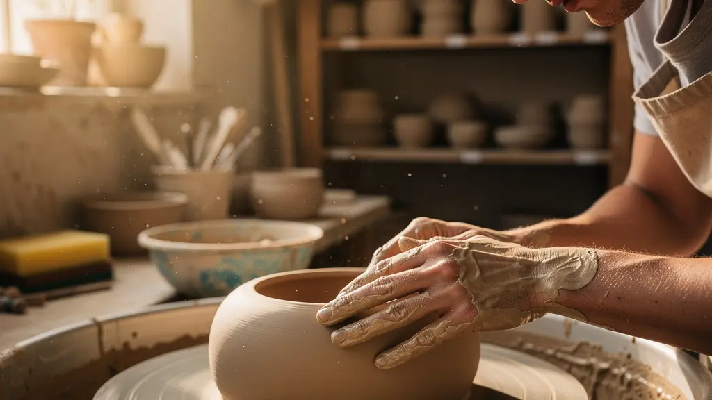Mains d'artisan céramiste façonnant un bol sur un tour de poterie dans un atelier baigné de lumière naturelle