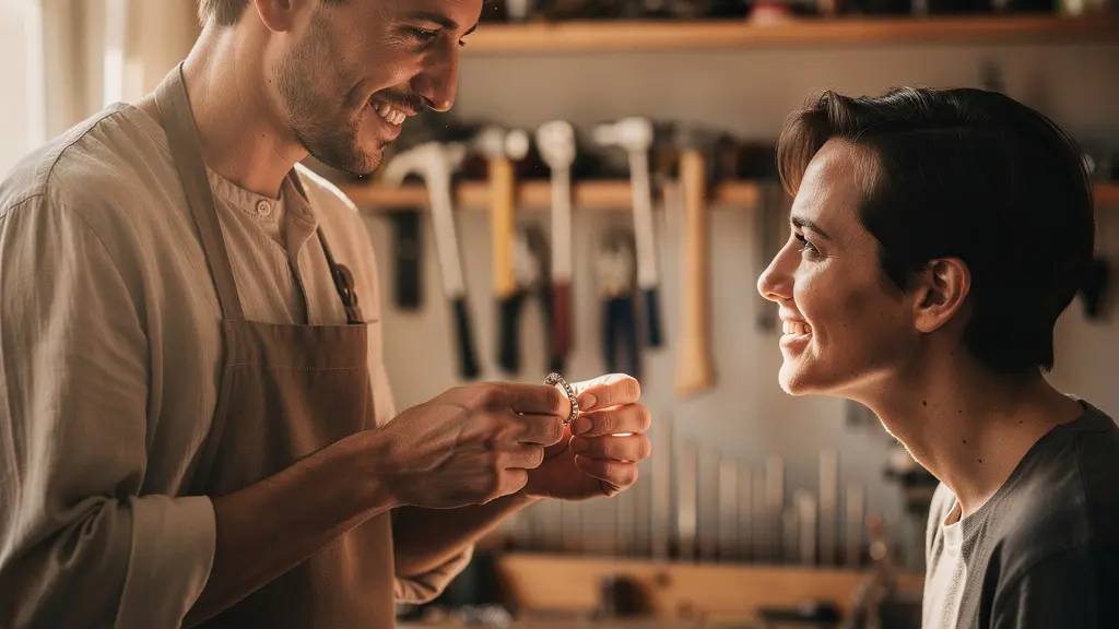 Gros plan sur les mains d'un artisan montrant les détails d'une pièce unique à un acheteur