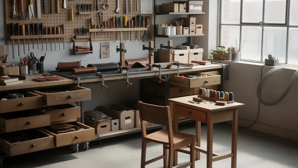 Vue d'ensemble d'un atelier d'artisan avec outils de réparation disposés sur l'établi