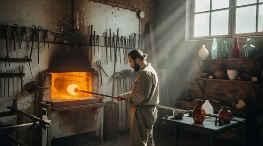 Artisan souffleur de verre travaillant dans son atelier traditionnel avec des outils et des pièces en cours de création