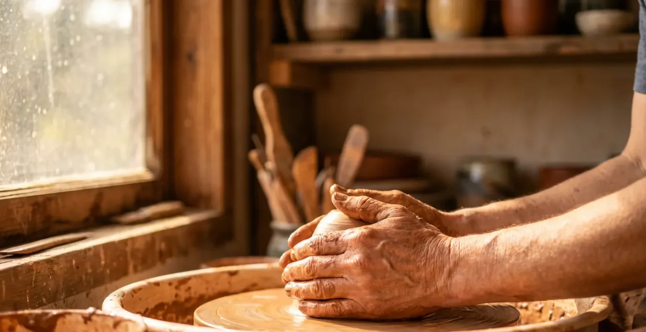 Mains d'artisan façonnant une pièce unique dans un atelier baigné de lumière naturelle