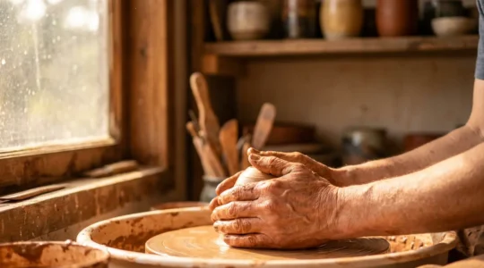 Mains d'artisan façonnant une pièce unique dans un atelier baigné de lumière naturelle