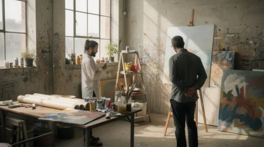 Intérieur lumineux d'un atelier d'artiste avec visiteur observant respectueusement des œuvres en cours