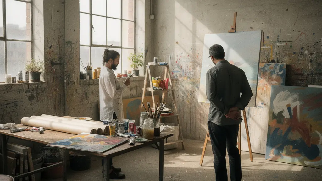 Intérieur lumineux d'un atelier d'artiste avec visiteur observant respectueusement des œuvres en cours