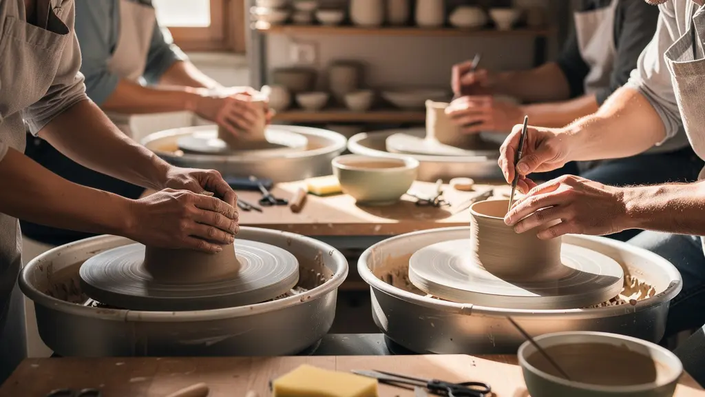 Plusieurs personnes travaillant ensemble dans un atelier de céramique lumineux