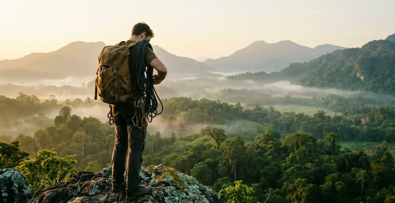 Aventurier vérifiant son équipement de sécurité dans un paysage montagneux tropical