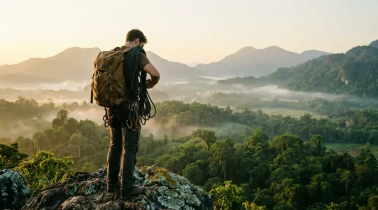 Aventurier vérifiant son équipement de sécurité dans un paysage montagneux tropical