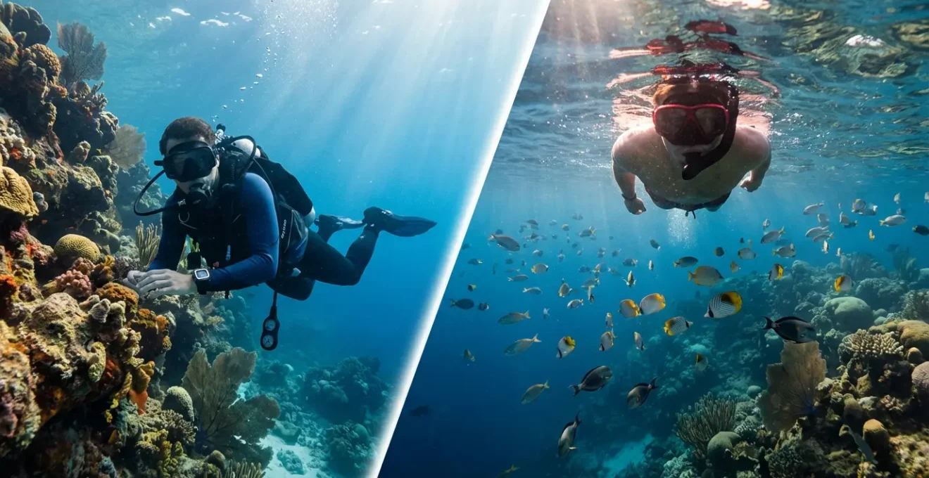 Plongeur avec équipement complet et snorkeler avec masque côte à côte sous l'eau
