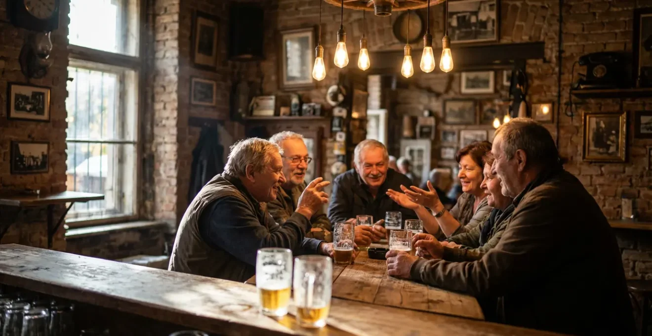 Intérieur d'un bar de ruines budapestois avec mobilier récupéré et éclairage tamisé, clients locaux en discussion