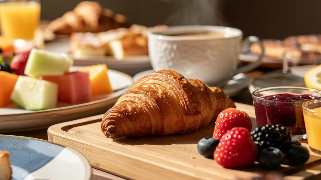 Buffet de petit-déjeuner d'hôtel avec viennoiseries et produits frais