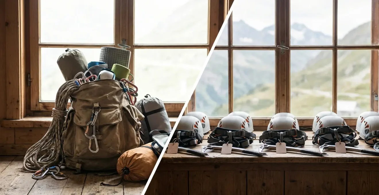 Comparaison visuelle entre un sac à dos surchargé et du matériel de location sur un comptoir en montagne