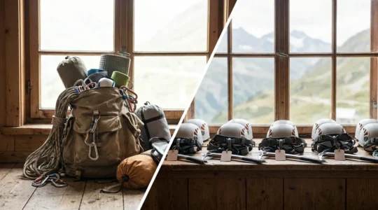 Comparaison visuelle entre un sac à dos surchargé et du matériel de location sur un comptoir en montagne