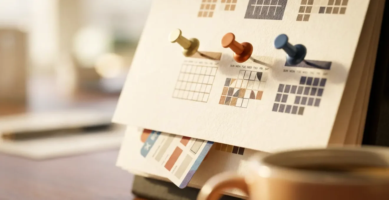Calendrier avec des épingles colorées marquant les périodes optimales de réservation