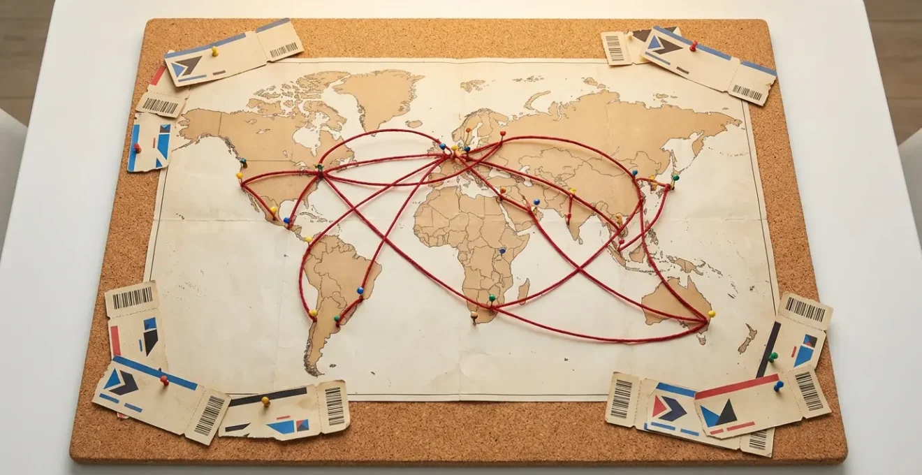 Vue aérienne de connexions de vols avec escales représentées par des lignes courbes sur une carte