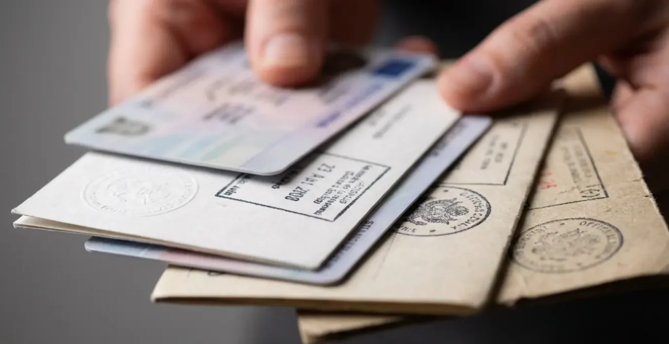 Mains tenant différentes cartes de réduction et documents officiels étalés sur une surface