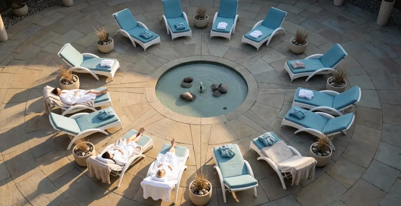 Vue aérienne minimaliste d'un espace de repos en thalassothérapie avec transats espacés et ambiance zen