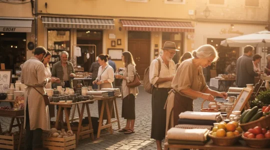 Scène de marché local authentique avec des artisans présentant leurs produits fait-main dans une atmosphère chaleureuse et traditionnelle