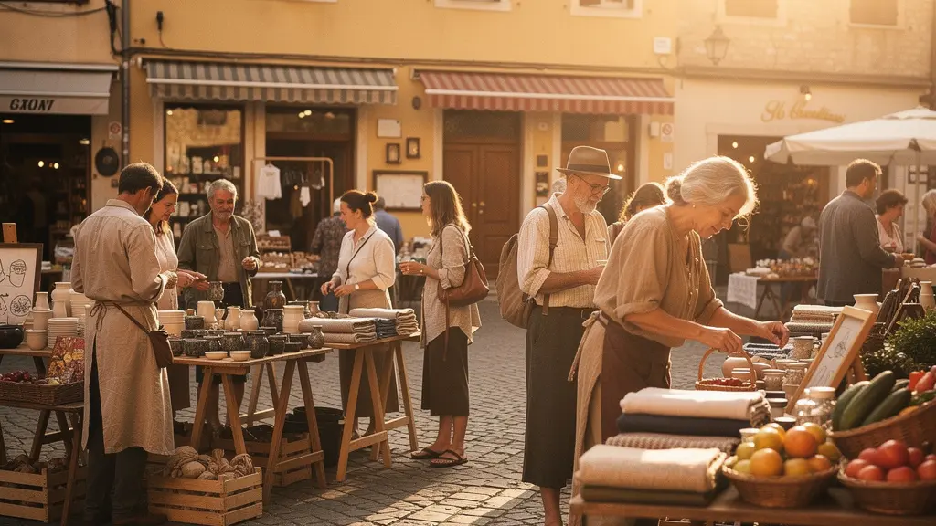 Scène de marché local authentique avec des artisans présentant leurs produits fait-main dans une atmosphère chaleureuse et traditionnelle