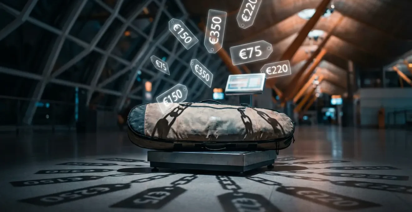 Vue symbolique d'un comptoir d'enregistrement avec un boardbag de kitesurf posé sur la balance, étiquettes de prix flottant au-dessus