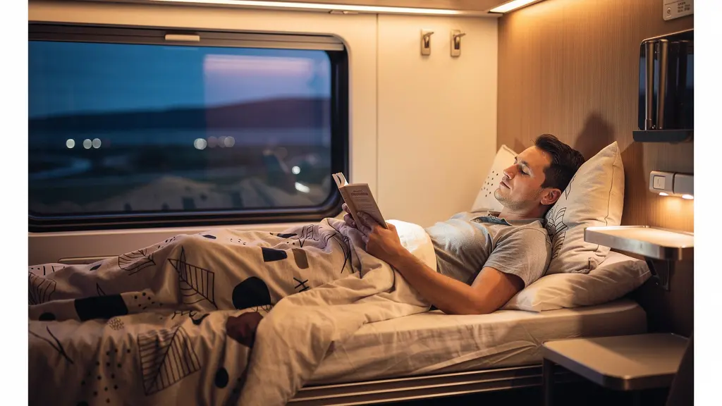 Intérieur spacieux d'un compartiment de train de nuit avec couchettes confortables et éclairage tamisé