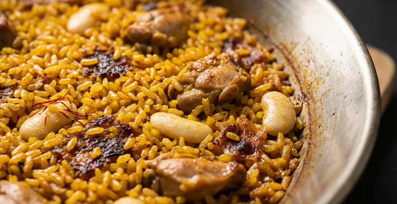 Vue macro d'une paellera montrant les grains de riz safranés avec les haricots garrofón traditionnels
