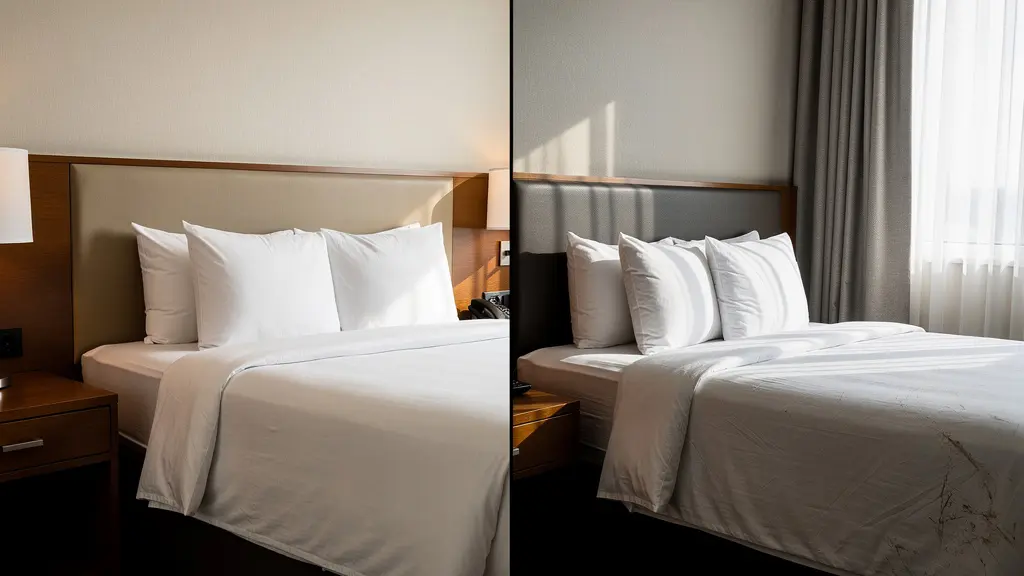 Comparaison côte à côte entre photo professionnelle et photo client d'une même chambre d'hôtel