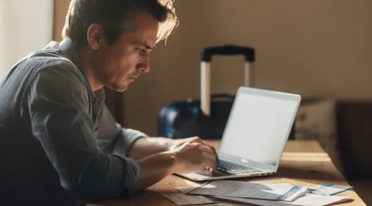 Voyageur examinant attentivement des documents de location avec ordinateur portable montrant des plateformes en arrière-plan flou