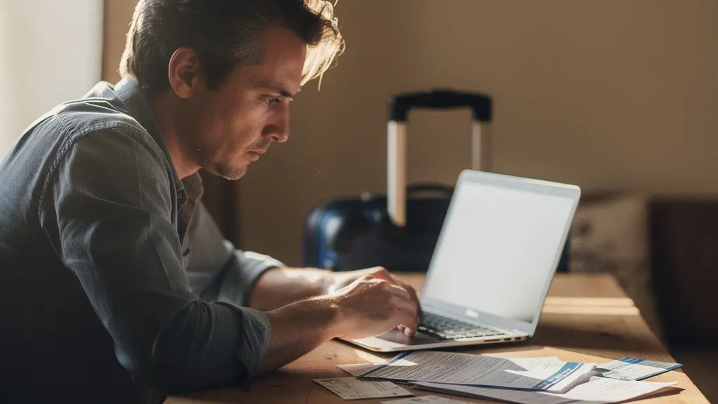 Voyageur examinant attentivement des documents de location avec ordinateur portable montrant des plateformes en arrière-plan flou