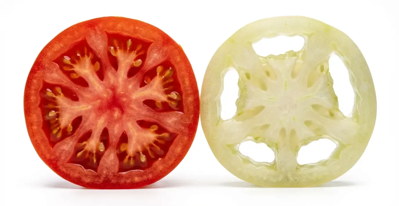 Coupe transversale de deux tomates montrant la différence de structure entre production naturelle et hors-sol