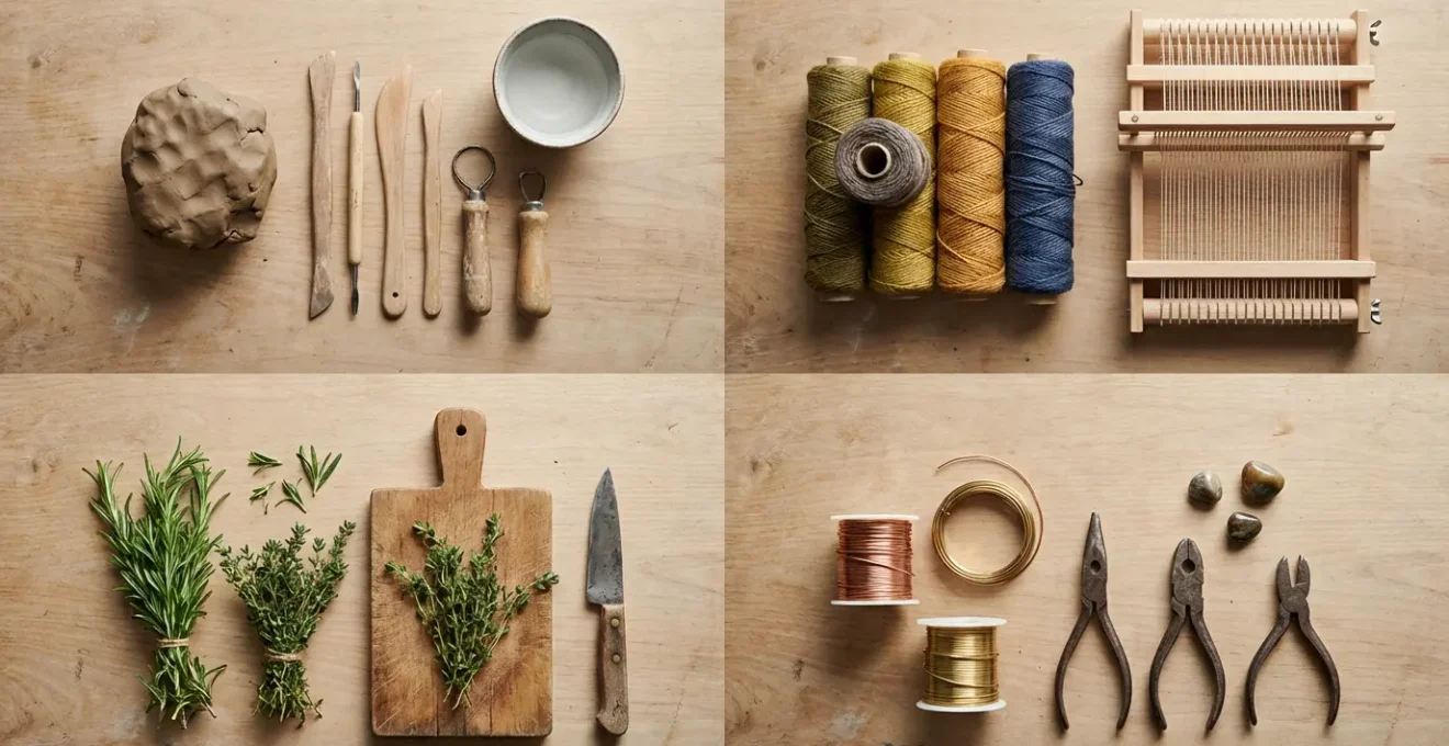 Vue aérienne d'une table d'atelier avec différents matériaux et outils de création artisanale