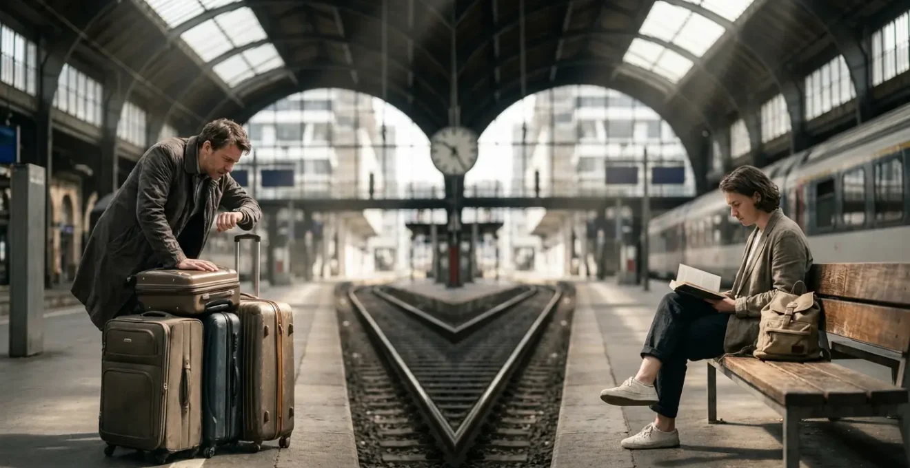 Contraste entre deux voyageurs dans une gare, l'un avec plusieurs valises, l'autre avec un sac léger