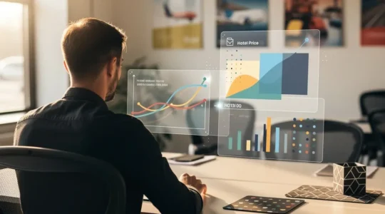 Voyageur consultant plusieurs écrans de comparateurs d'hôtels avec graphiques de prix dynamiques