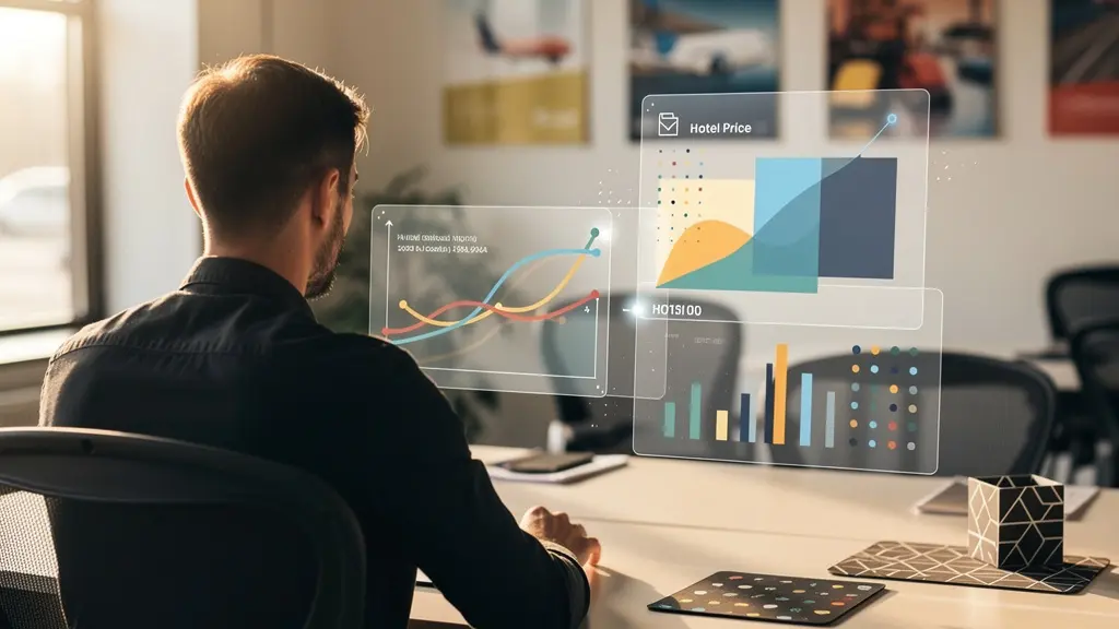 Voyageur consultant plusieurs écrans de comparateurs d'hôtels avec graphiques de prix dynamiques