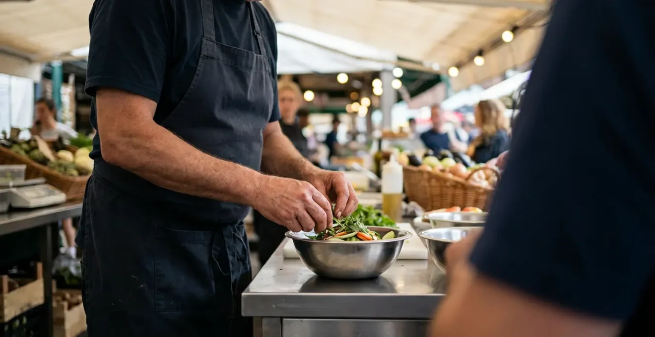 Vue plongeante sur un comptoir de marché avec cuisinier préparant un plat sous les yeux des clients