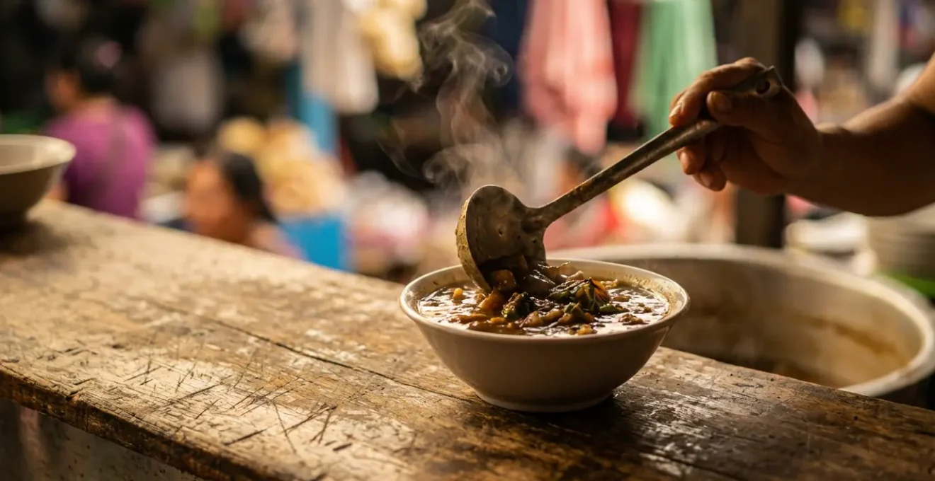 Vue macro détaillée d'un plat traditionnel servi au comptoir d'un marché avec vapeur et textures appétissantes