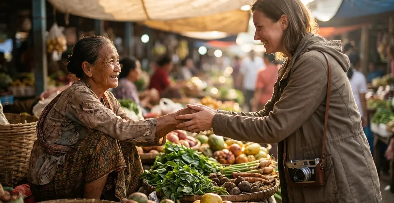 Échange respectueux entre un voyageur et un vendeur local sur un marché traditionnel, moment de connexion avant la photographie