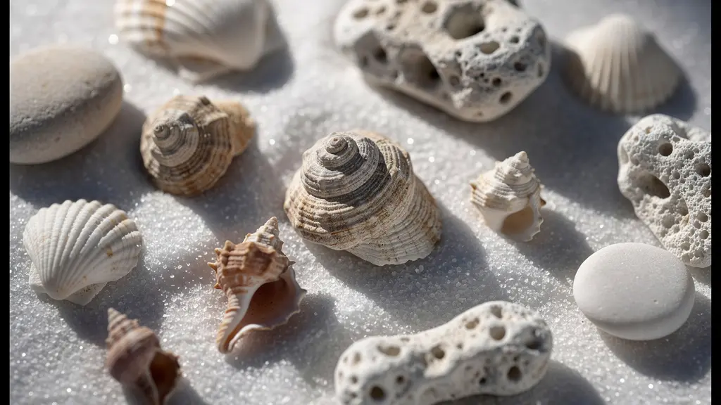 Composition artistique de coquillages et coraux sur fond de sable avec ombres douces