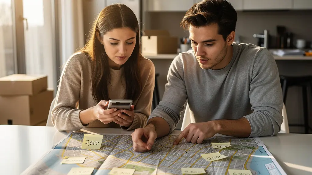Couple comparant les coûts de logement entre centre-ville et périphérie sur une carte