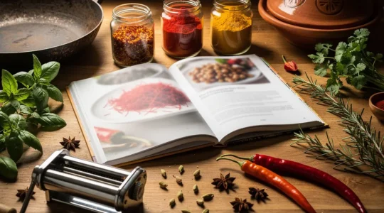 Photographie d'un plan de travail de cuisine avec des épices colorées dans des bocaux en verre, un livre de recettes ouvert sans texte visible, et des ustensiles de cuisine traditionnels de différentes cultures disposés harmonieusement