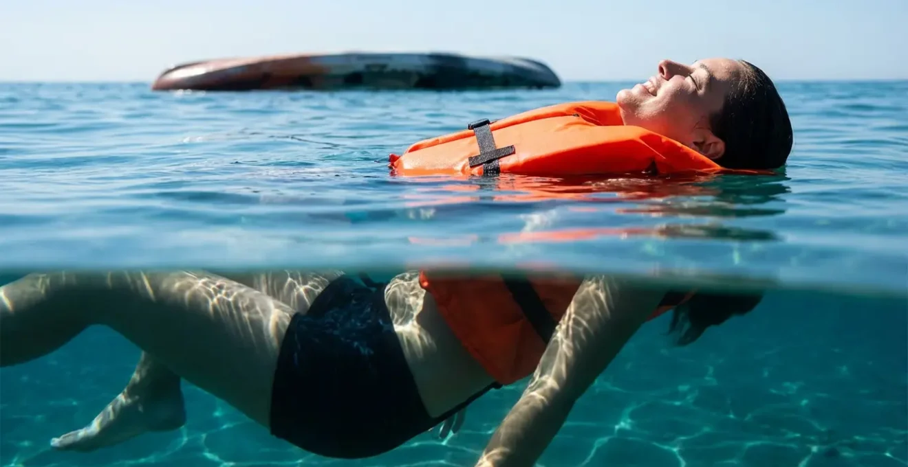Personne en gilet de sauvetage flottant sur le dos dans l'eau après chavirage