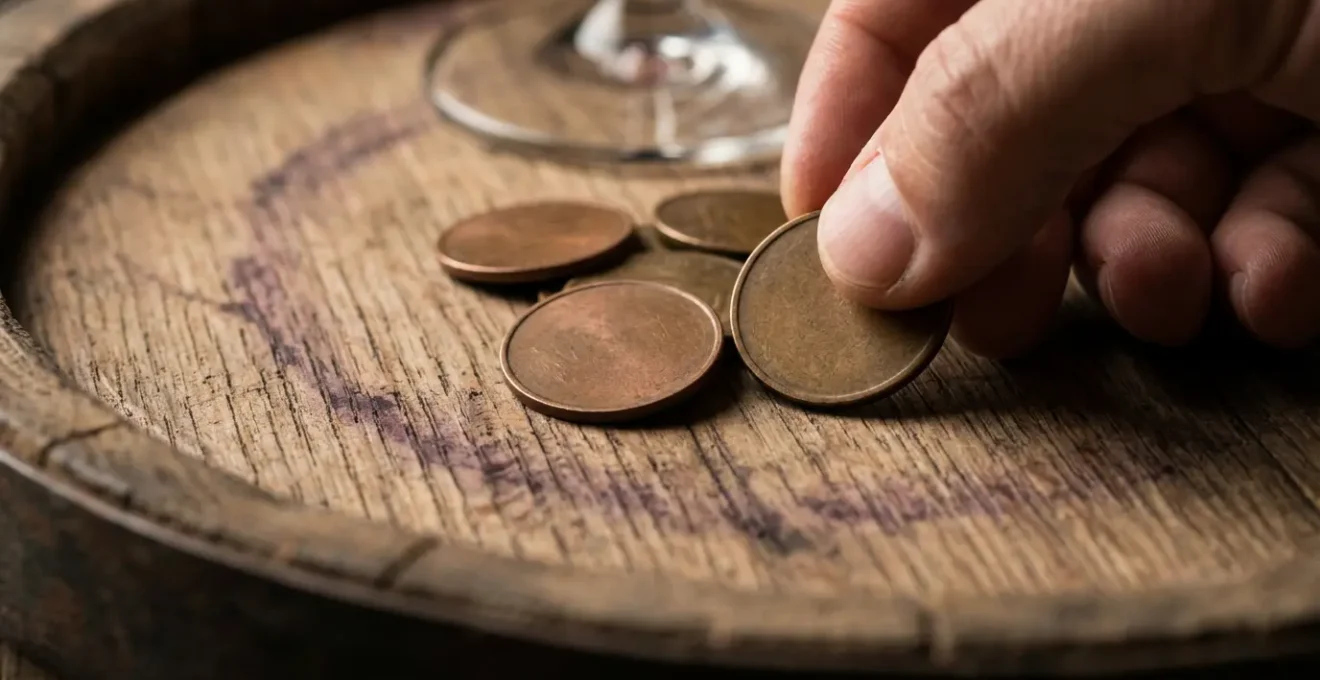 Vue macro d'une main déposant des pièces pour une dégustation payante