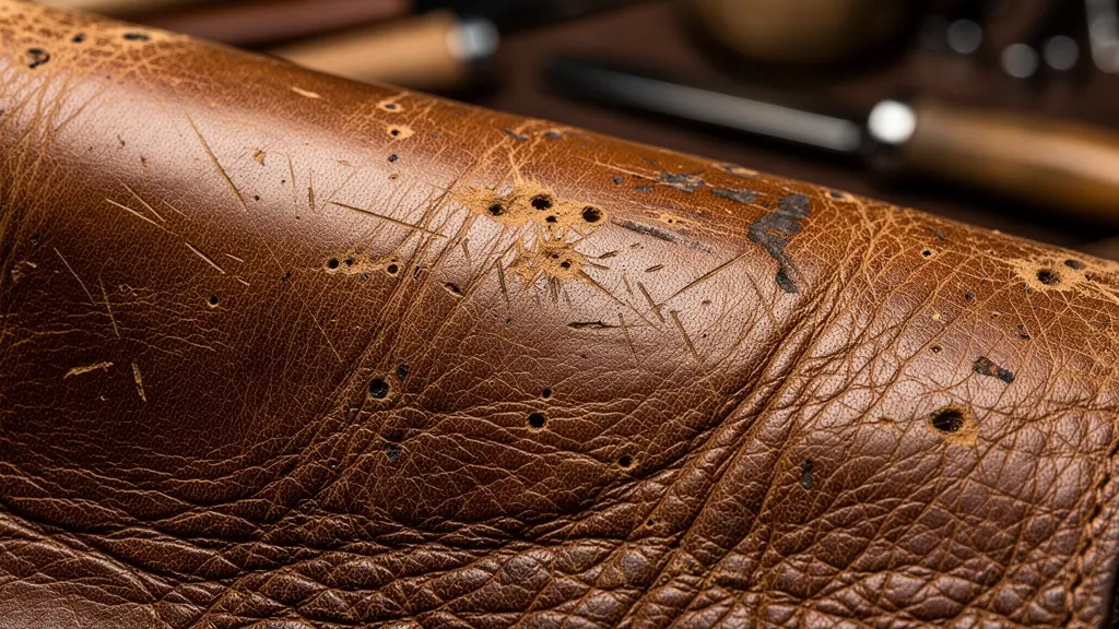 Gros plan sur la texture d'un cuir pleine fleur avec sa patine naturelle