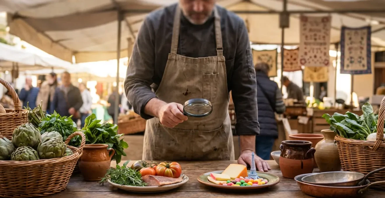 Un chef examine minutieusement deux assiettes de paella sous une loupe dans un marché local