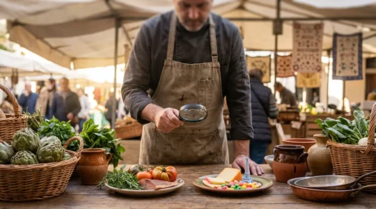 Un chef examine minutieusement deux assiettes de paella sous une loupe dans un marché local