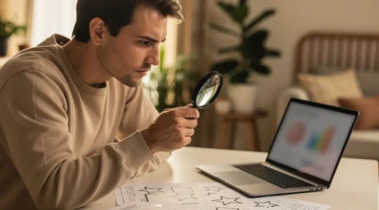 Personne analysant des avis d'hôtel sur un ordinateur avec une loupe et des documents de comparaison